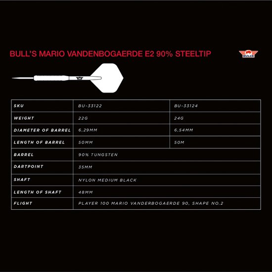 Bull's - Dartpijlen - Mario Vandenbogaerde E2 - 90% Tungsten - 22 Gram van Bull's — afbeelding 2