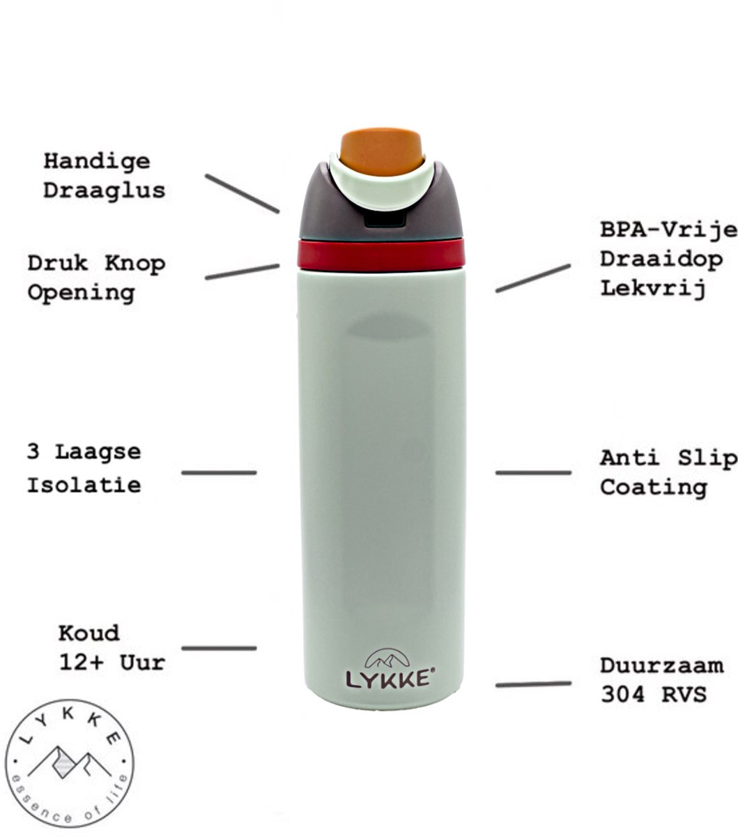 LYKKE MultiSip Lekvrije 3 Laagse Geïsoleerde RVS-fles met rietje voor sport, reizen en school BPA-vrije sportwaterfles, 24 oz, 720 ML, crème (Pastel Cream) thumbnail 3