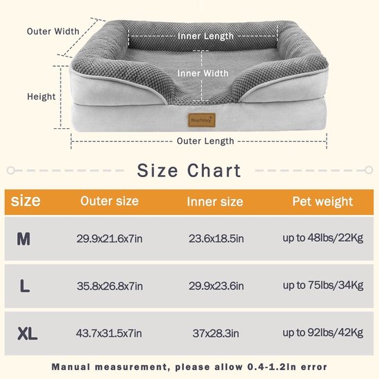 Nepfaivy Orthopedische Hondenbed voor Middelgrote Honden - Hondenkussen Fluffy met Ei-vormig Hondenmatras, 90x60x7.5cm Hondenmat met Afneembare, Wasbare Hoes en Antislip Bodem, Donkergrijs