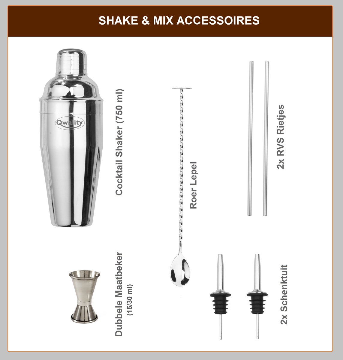 Cocktail Shaker Set (750 ml) - Cocktail Set - Luxe Cadeau voor hem of haar - Cocktailset - Zilverkleurig - Qwality® — cadeau in Kookcadeaus - foto 6
