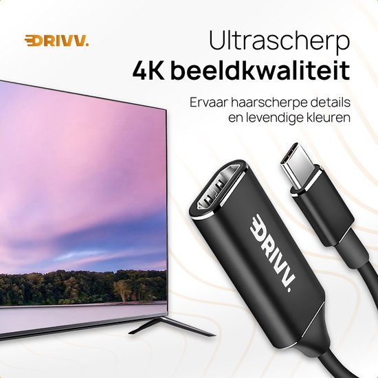 DRIVV. USB-C naar HDMI adapter voor ultrascherpe 4K beeldkwaliteit met levendige kleuren.