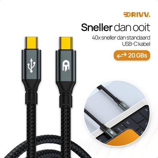 Câbles USB-C gris avec gaine tressée noire, connecteurs jaunes et un gros plan d'un câble dans un ordinateur portable.