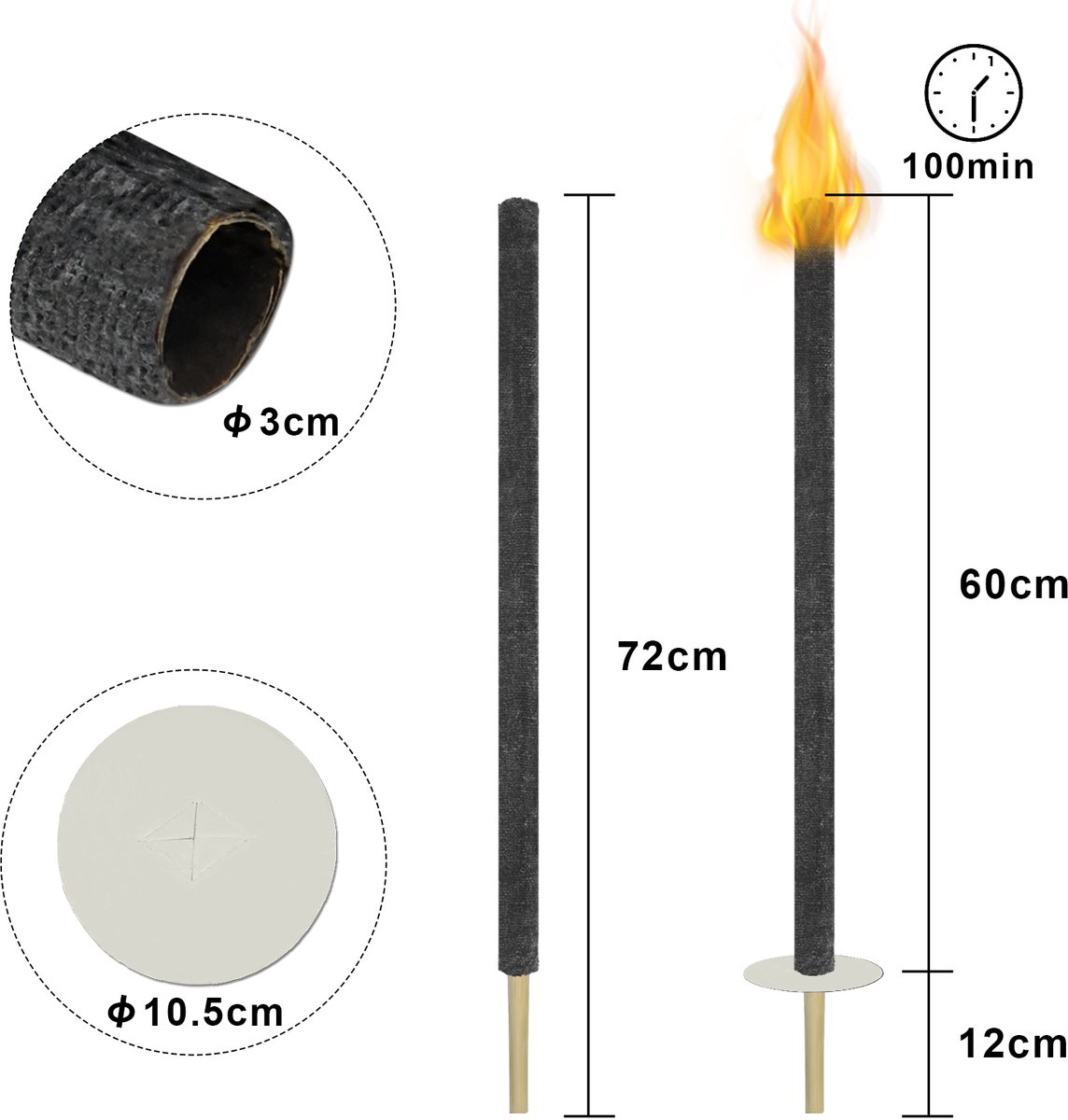 Ikodm Set van 100 fakkels van was, met handbescherming en extra lange houten handgreep, brandtijd: 90-100 minuten, tuinfakkels voor wandelen/kampvuur