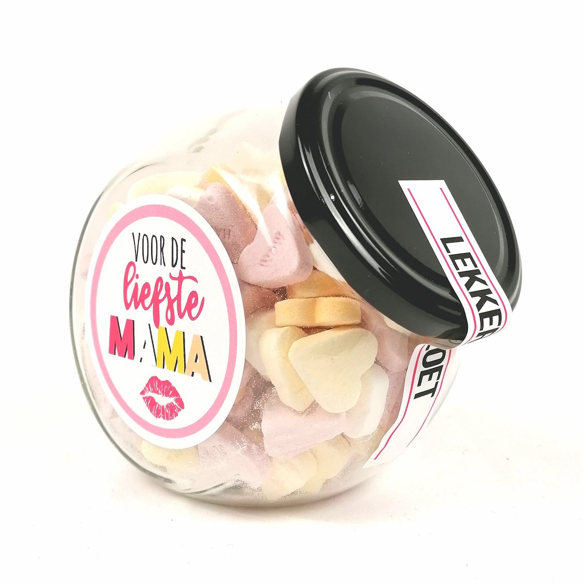 Moederdag cadeau - Snoeppot - "Voor de liefste Mama" vruchtenhartjes - snoep cadeau - bedankje - liefde - zomaar