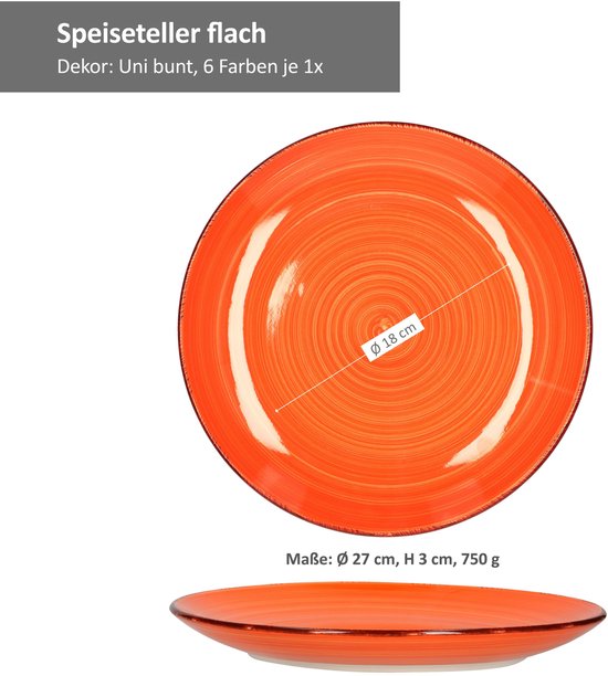 Oranje plat bord met spiraalvormig reliëf, met afmetingen 27 cm diameter, 3 cm hoogte.
