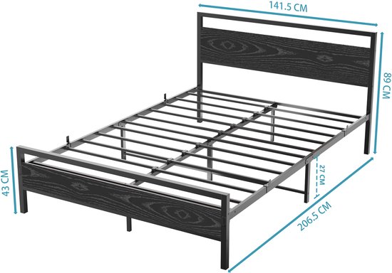HAUSS SPOLE Lit moderne en métal 140 x 200 cm avec sommier à lattes - Lit double - Lit Classique - Convient comme lit d'appoint ou lit pour chambre d'adolescent (Zwart- Sans Matras)