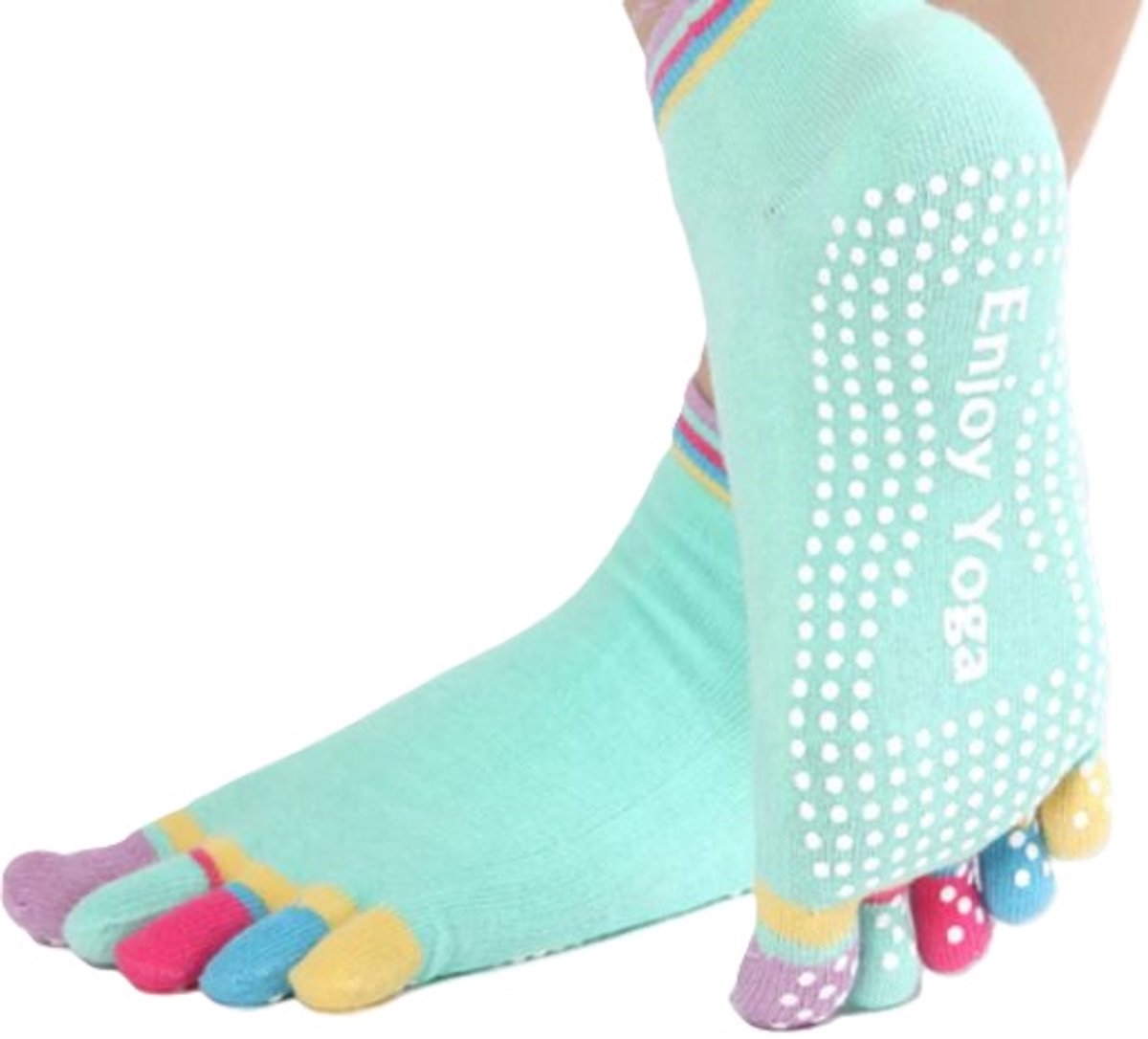 Yoga Sokken Full Toe I Volle Teen Yoga Sok I Met Anti Slip Onderkant I Antislip Sokken I Pilates Sokken I Maat 36-40 I Groen Met Kleurrijke Tenen