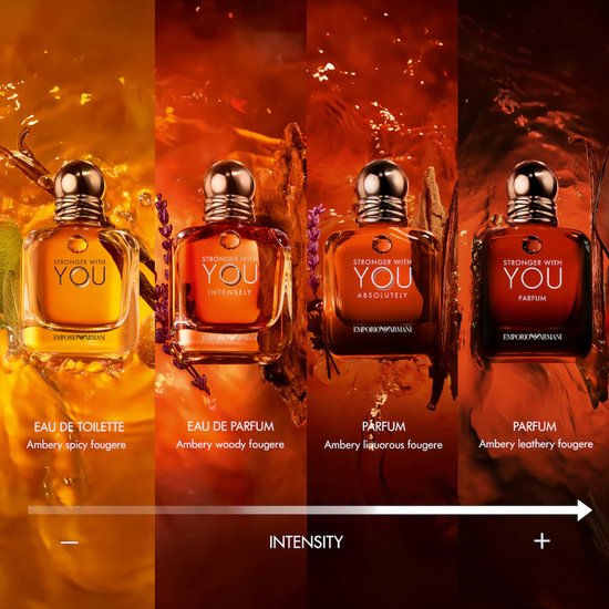 Vier Emporio Armani 'Stronger With You' flacons in water met amberkleurige tinten: Eau de Toilette, Intense, Absolutely en Parfum.