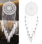 Handgemaakte XL Dromenvanger – Indianen Deco – 20 x 80 cm – Wit – Met Veren