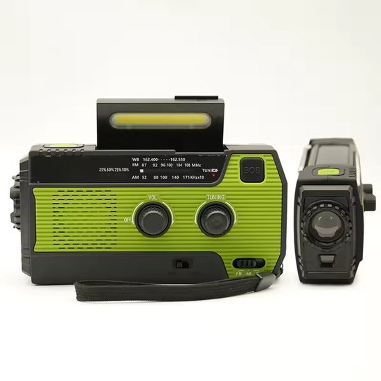 Noodio noodradio Solar Opwindbaar en Batterij - Inclusief Noodfluitje - Noodpakket - Draagbare Survival Radio - 4000 mAh - Powerbank Zonneenergie - Bouwradio - Zaklamp – Groen