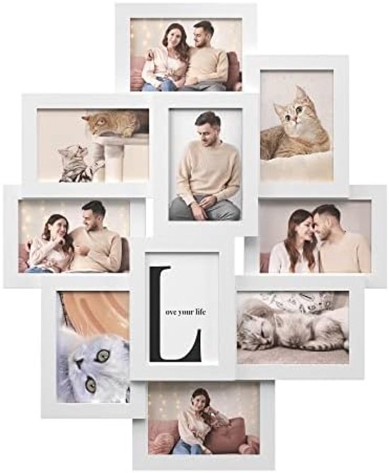 SONGMICS Fotolijst Collage voor 4 foto's, 10 x 15 cm, wandgemonteerde fotogalerij display, met glasplaat, wit RPF25WT