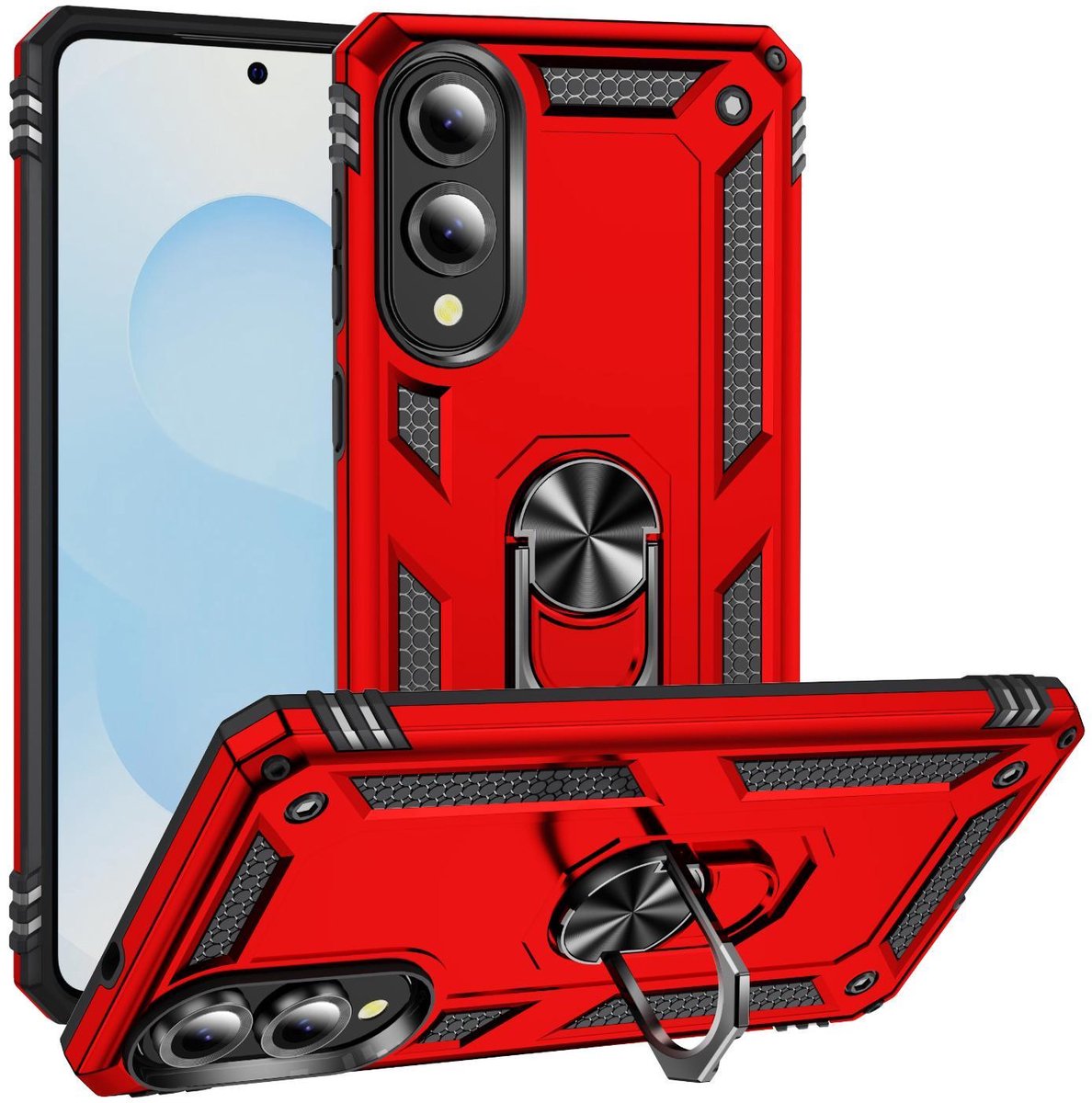 Mobigear Hoesje geschikt voor Samsung Galaxy S25 Edge Telefoonhoesje Hardcase | Mobigear Armor Ring Backcover Shockproof met Ringhouder | Schokbestendig Galaxy S25 Edge Telefoonhoesje | Anti Shock Proof - Rood
