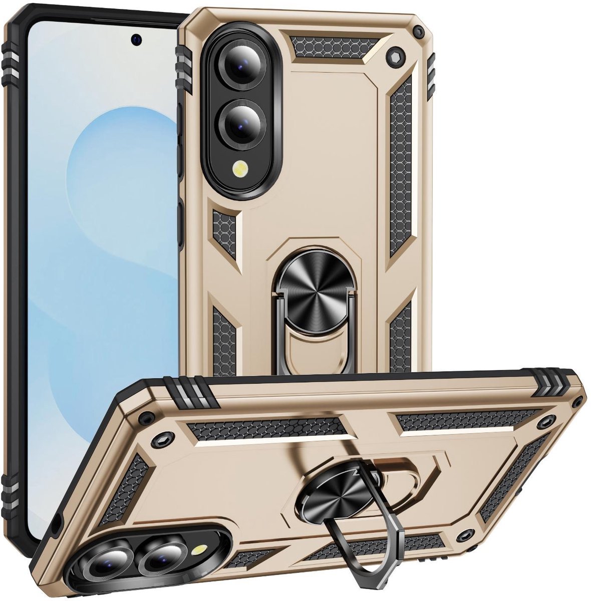 Mobigear Hoesje geschikt voor Samsung Galaxy S25 Edge Telefoonhoesje Hardcase | Mobigear Armor Ring Backcover Shockproof met Ringhouder | Schokbestendig Galaxy S25 Edge Telefoonhoesje | Anti Shock Proof - Goud