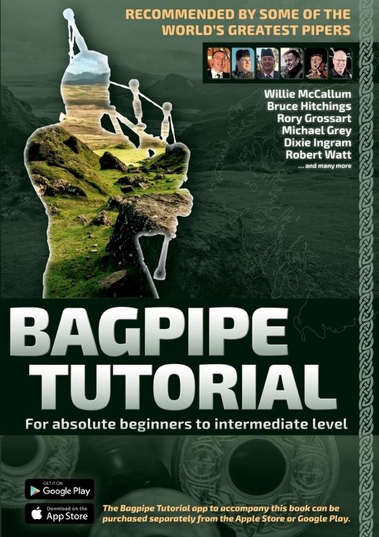 Boek 'Bagpipe Tutorial' met een silhouet van een doedelzakspeler gevuld met een Schots landschap. Titel en namen van beroemde doedelzakspelers.