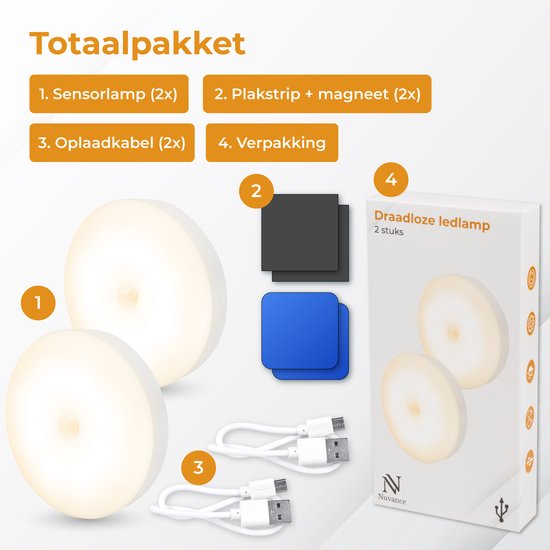 Nuvance Draadloze Ledlamp - 2 Stuks - Nachtlampje - 4 Standen - Magnetisch - Dag & Nacht Sensor - Usb Oplaadbaar - Kastverlichting