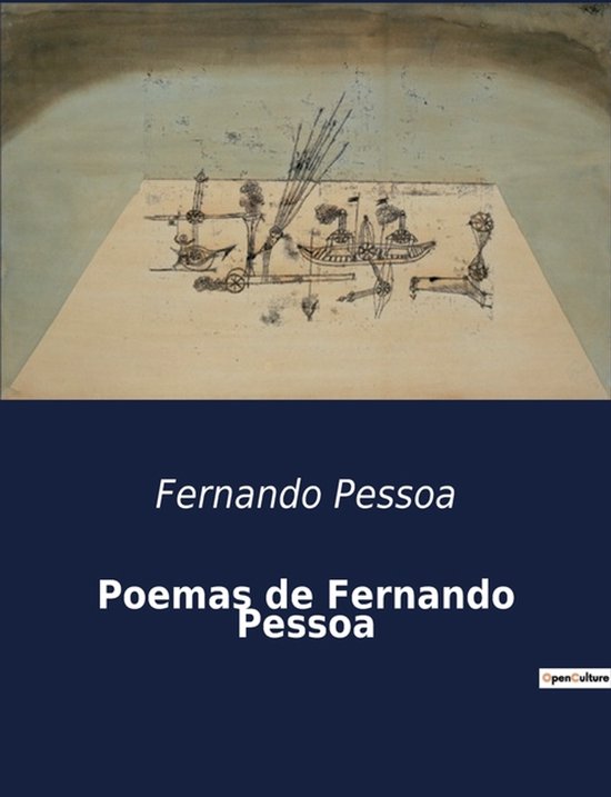 Livre intitulé "Poemas de Fernando Pessoa" avec un dessin de navires mécaniques abstraits.
