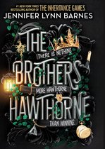 Boekomslag van "The Brothers Hawthorne" met de tekst "Jennifer Lynn Barnes". Goudkleurige kroon en sierlijke ornamenten.