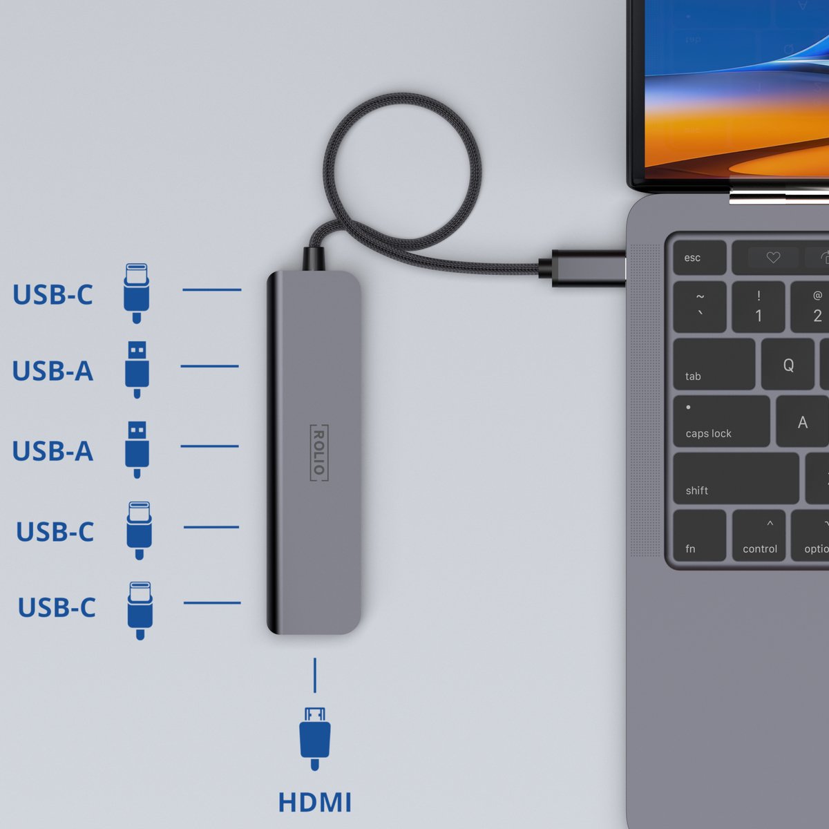 USB-C Hub 6-poorten Rolio - HDMI 4K, 3x USB-C, 2x USB-A, opladen 100W, MacBook & Windows compatible - Afbeelding 2