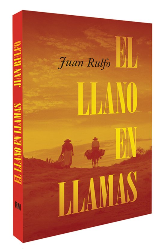 Boek kaft met de titel 'El Llano en Llamas' in gele letters, tegen een zonsondergang met twee figuren in silhouet.