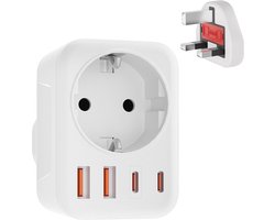 Reisadapter UK - 5-in-1 Stekker met USB en USB-C (3,4A) voor Engeland, Ierland, Qatar, Maleisië, Dubai