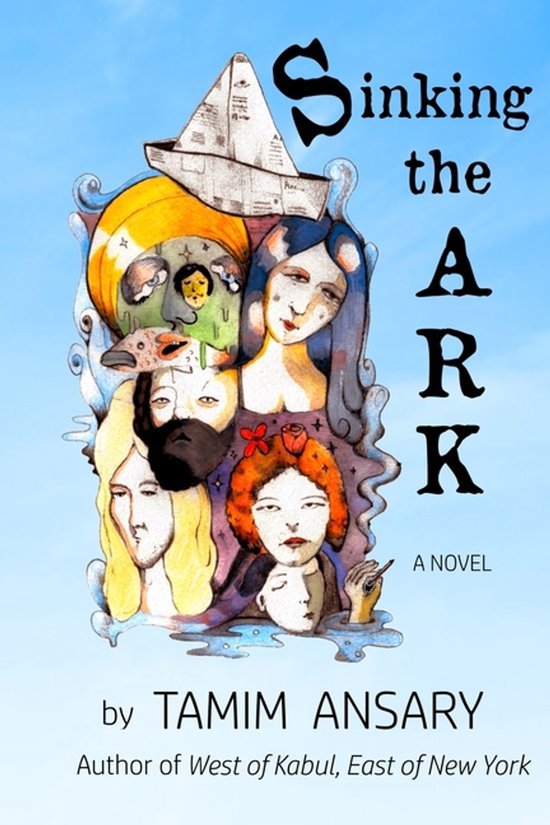 Boekomslag met de titel 'Sinking the Ark' in grote letters. Meerdere gezichten zijn in een collage afgebeeld, met een papieren bootje bovenaan.