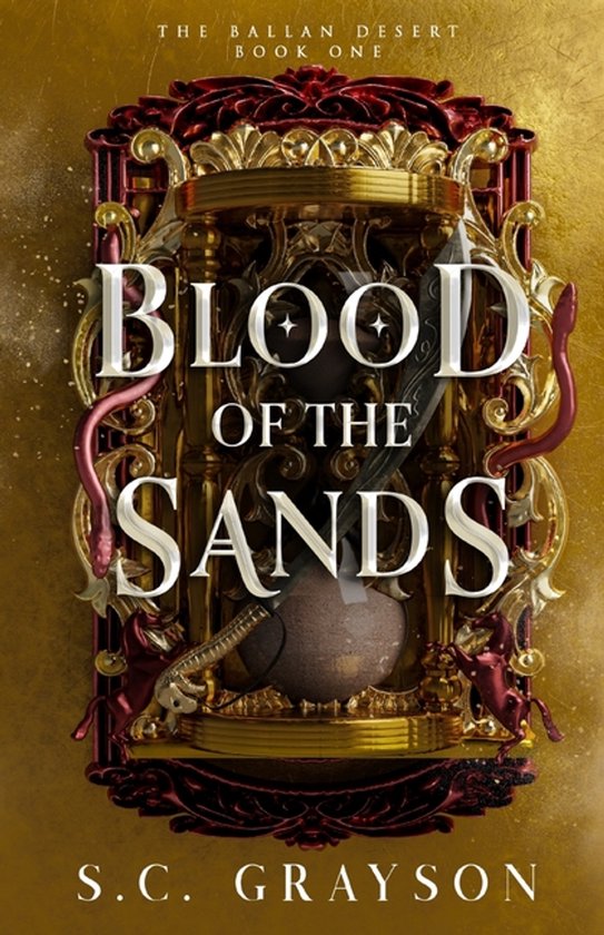 Boekcover van 'Blood of the Sands' in een gouden, zandkleurige achtergrond, met een zandloper en de tekst 'Blood of the Sands'.