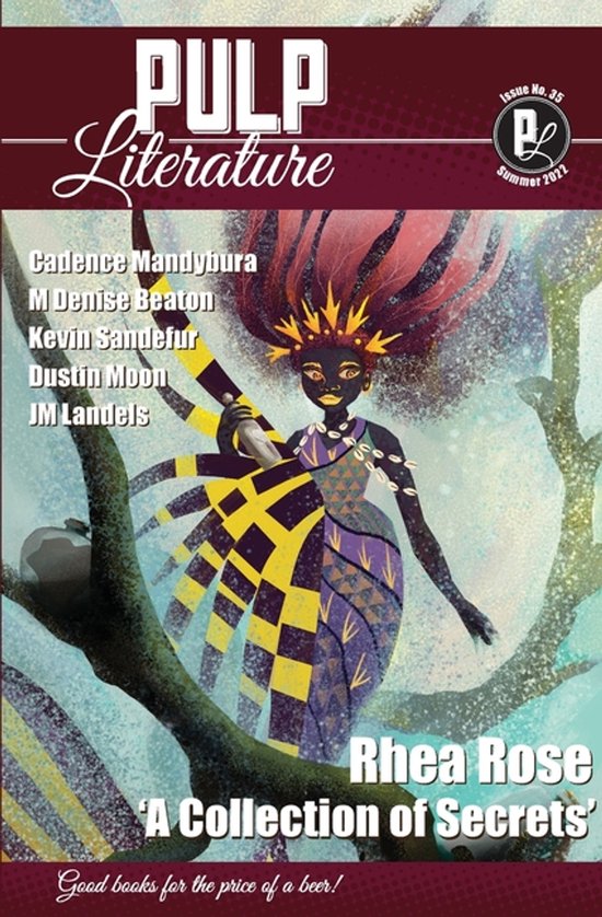 Pulp Literature, zomer 2022 editie, met een illustratie van een vrouw met donkere huid en een weelderige, rode haar-achtige massa, die een geel-zwart en paars gestreept jurkje draagt.
