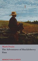 Boekomslag van 'The Adventures of Huckleberry Finn' met schilderij van Huckleberry die vist.