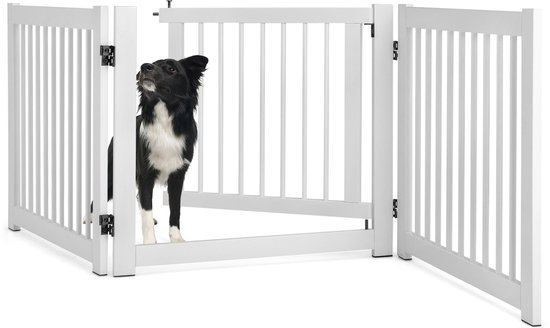 COSTWAY 24" 3 Paneel Opvouwbare Huisdierhek, Uitbreidbaar Hond Puppy Doorloop Veiligheidshek Met Deur, Dennenhout Vrijstaande Binnen Huisdier Veiligheidshek voor Deuropeningen, Trappen, Gangen, Volledig Gemonteerd, Wit