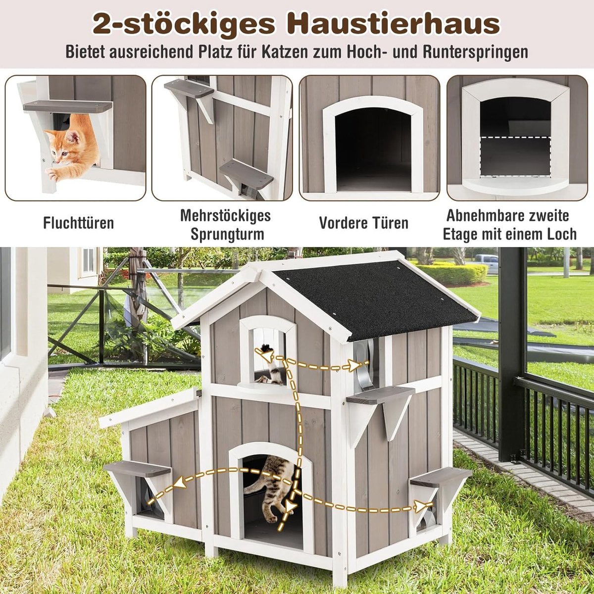 2-verdieping kattenhuis voor buiten met geïsoleerde voering, buitenhuizen voor katten kunststof buiten kattenonderkomen weerbestendig met vluchtdeur