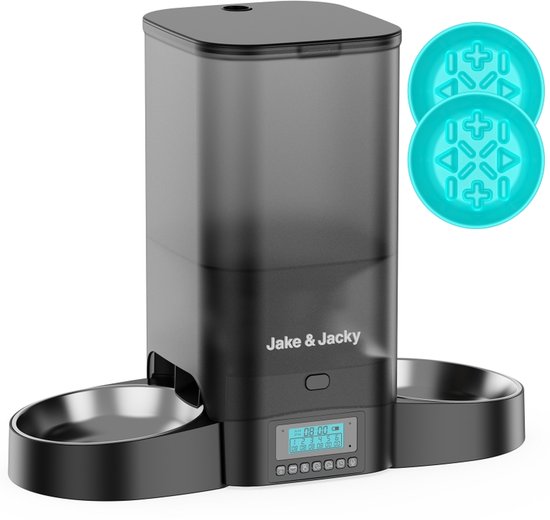Jake and Jacky Automatische Voerbak Kat en Hond - 5 Liter - Inclusief 2 RVS Voerbakken & 2 Slowfeeders - Voerautomaat & Anti-Schrokbak - Voerdispenser - Eetbak voor Katten & Honden - Zwart