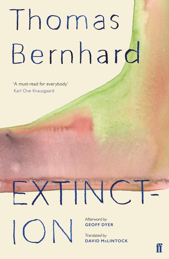 Boek kaft met de titel 'Extinction'. Abstracte aquarel van roze, groen en bruin. "A must-read for everybody."
