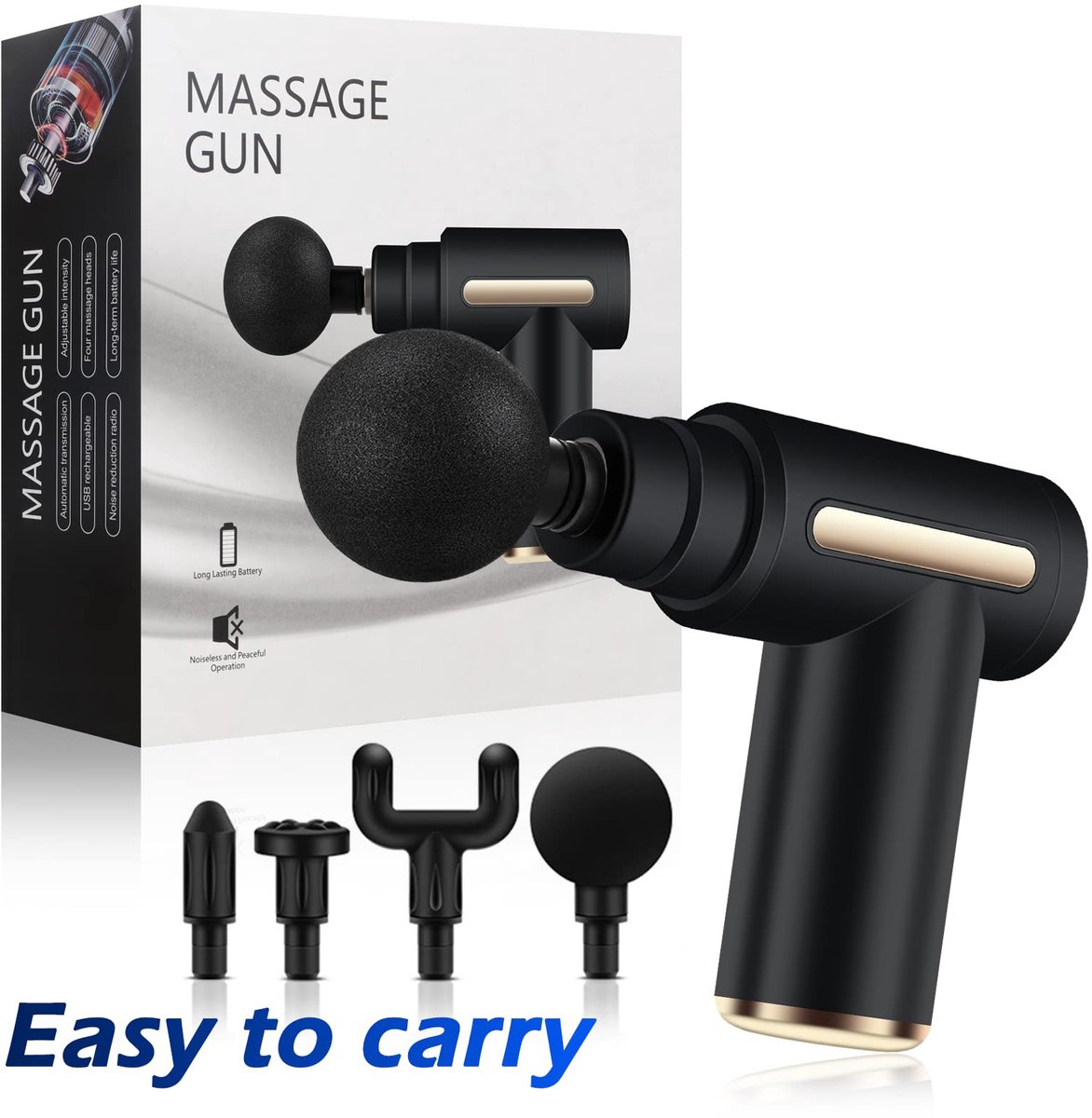 Massage gun met 4 hulpstukken incl. oplaadbare accu. Relaxen massage apparaat met instelbare intensiteit, 4 verschillende hulp stukken en USB C laadkabel.