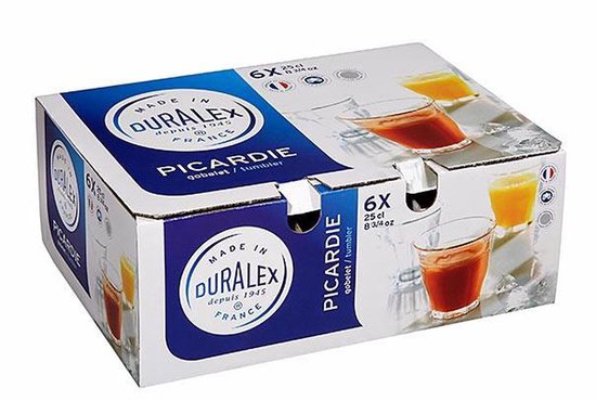 Doos met 6 Duralex glazen, met afbeeldingen van glazen gevuld met sap.