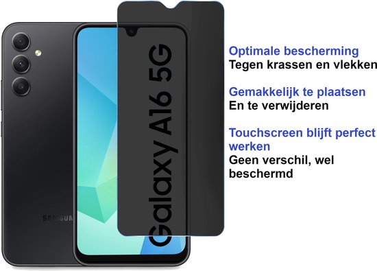Zwarte Samsung A16 5G smartphone met een privacy screenprotector. Optimale bescherming tegen krassen en vlekken. Makkelijk te plaatsen en te verwijderen. Touchscreen blijft perfect werken.