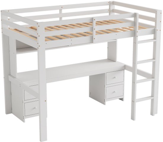 Hoogslaper - 140 x 200 cm - met opbergladder planken tafel - metaal - wit