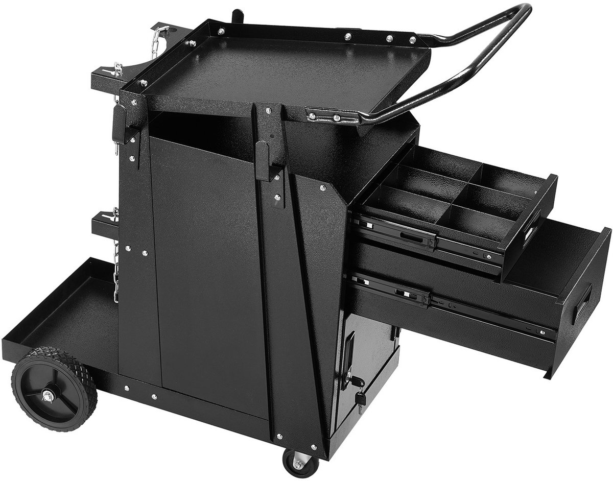 Laswagen - Mobiele werkplaatswagen - 2 Lades - Afsluitbare Kast - Draagvermogen 158 kg - 360° Zwenkwielen - Geschikt voor MIG-lasser en plasmasnijder