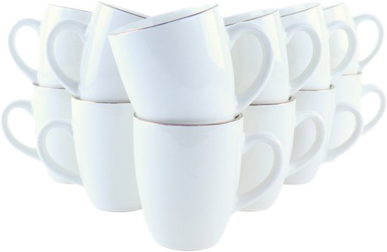 OTIX Koffiekopjes met oor - Mokken Set -Koffietassen - Wit met Goud - 200ml - Vaatwasser bestendig - Porselein - 12 stuks - CROCUS
