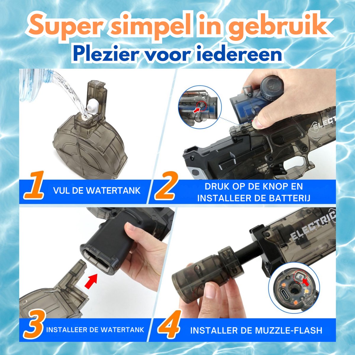 Pumpify Waterpistool – 2 in 1 – Elektrisch Waterpistool – Buitenspeelgoed – Super Soaker – Waterspeelgoed – Met Flits Bij Ieder Schot – Watergeweer – Speelgoed - 3 Jaar - 4 Jaar - 5 Jaar - Glock – Watergun – Waterblaster - Zwart + Blauw — afbeelding 8