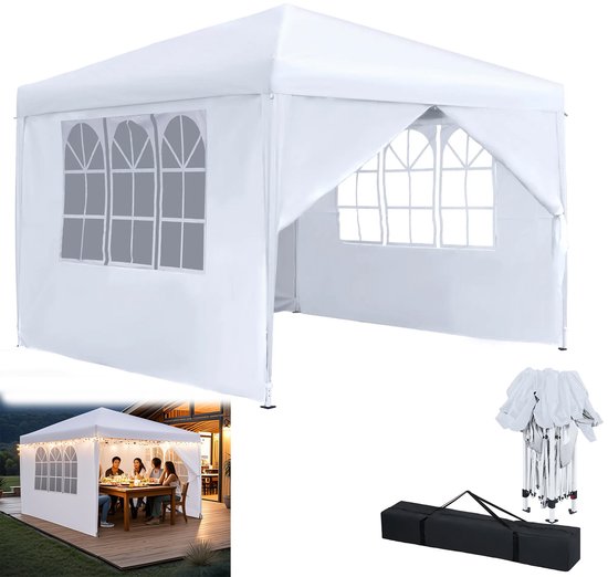 Paviljoen met 4 Zijdelen + Ramen - 3x3m - Hoogte 2,6m - Waterdicht & UV-Bescherming Wit