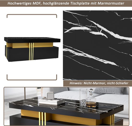 Sweiko Rechthoekige Salontafel - Hoogglans Tafelblad - 2 lades - 100x50x40cm - Zwart