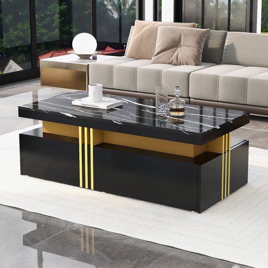 Sweiko Rechthoekige Salontafel - Hoogglans Tafelblad - 2 lades - 100x50x40cm - Zwart