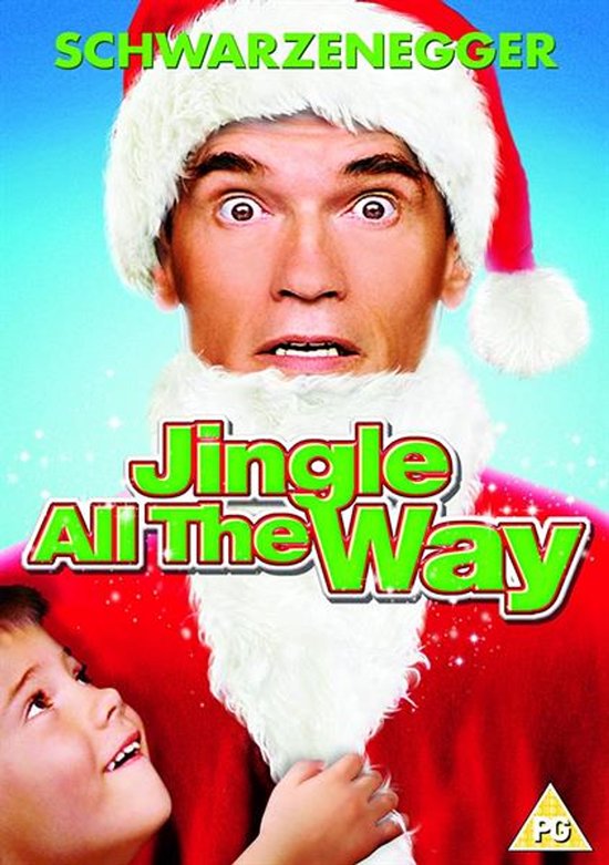 Arnold Schwarzenegger met kerstmuts en baard, Jingle All The Way op de voorkant. Een jongen kijkt naar hem op.