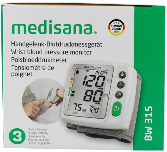 Verpakking van Medisana polsbloeddrukmeter BW 315 met een afbeelding van het apparaat en de manchet.
