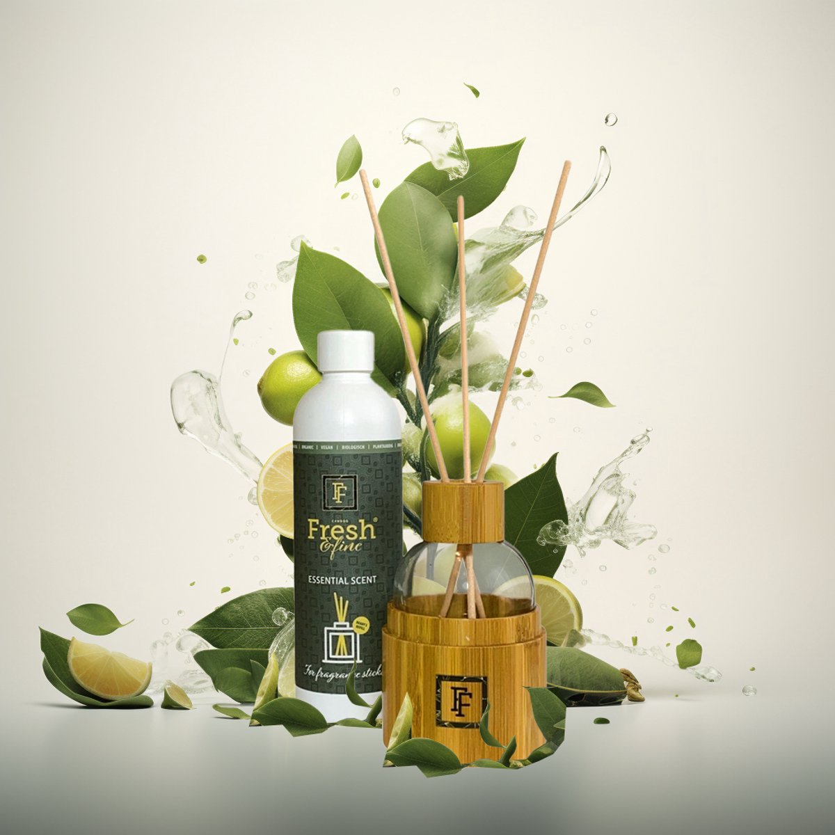 Fresh&Fine Geurdiffuser Bamboo + 250ML Essential Blend – Geurstokjeshouder met natuurlijke olie – Neutraliseert luchtjes en verfrist elke ruimte