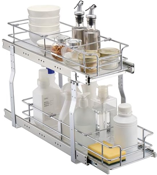 Lynk Professional® Uittrekkast Organizer - Schuif Pantry Planken - Schuifbare Opslag voor binnen keukenkast of onder gootsteen - Uitrollade voor potten, pannen - 11 breed x 21 diep - Chroom