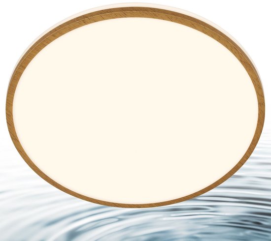 Ronde plafondlamp met houten rand boven een abstracte watertextuur.
