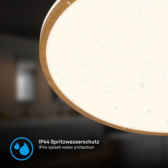 Ronde plafondlamp met houten rand en een lichtgevend, crème-kleurig oppervlak met watereffect.