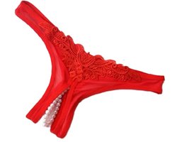 Erotische Slip met Parelketting – Sexy String met Open Kruis | One Size (S/M/L) | Verleidelijke Lingerie | Spandex & Katoen I Rood