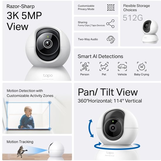 TP-Link Tapo C230- Beveiligingscamera- Indoor- 3K 5MP- Pan/Tilt- WiFi camera van TP-Link — afbeelding 3